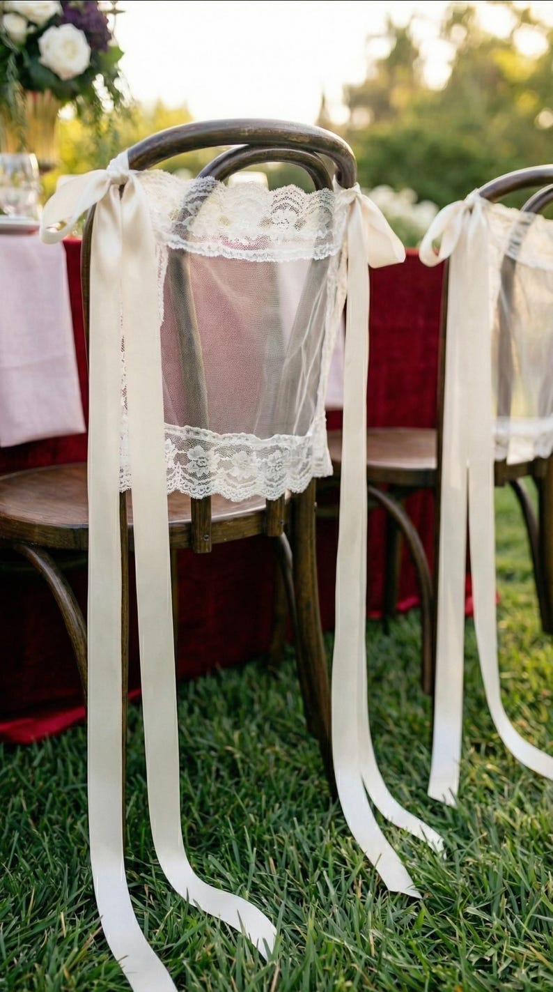 Just Married Sheer Lace Chair Covers With Long Satin Ribbons – Wedding ...