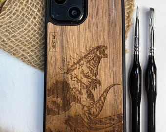 Japanische Kaiju Monster Anime Holz Handyhülle für iPhone 17 16 15 14 Pro Max, Walnussholz Abdeckung, Samsung Galaxy S25 S24 Ultra Case Geschenk ihn