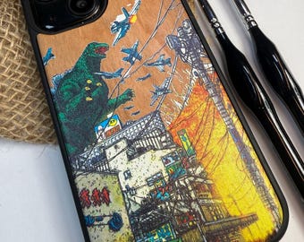 Japanische Kaiju Monster Anime Holz Handyhülle für iPhone 17 16 15 14 Pro Max, Walnussholz Abdeckung, Samsung Galaxy S25 S24 Ultra Case Geschenk ihn