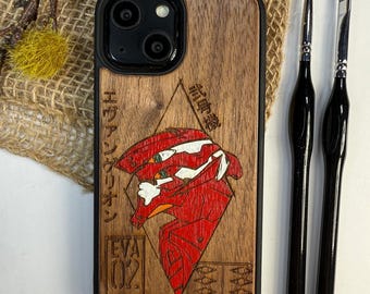 Funda de madera EVA roja con diseño de robot japonés para iPhone 17, 16, 15 y 14 Pro Max, Samsung S25 y S24 Ultra