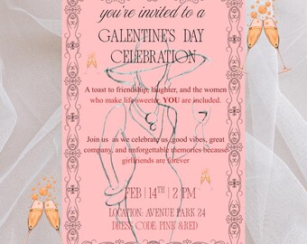 Modello di invito per il giorno di San Valentino / Invito per San Valentino rosa / Biglietto d'invito modificabile in Canva / Serata per ragazze