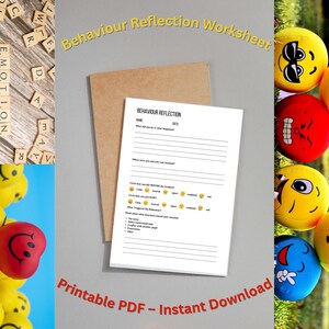 Könnte beinhalten: Ein Arbeitsblatt mit dem Titel "Behaviour Reflection" mit auszufüllenden Abschnitten, einem braunen Umschlag und einer Sammlung von Plüschbällen mit Emoji-Gesichtern. Der Text "Printable PDF - Instant Download" ist ebenfalls sichtbar.