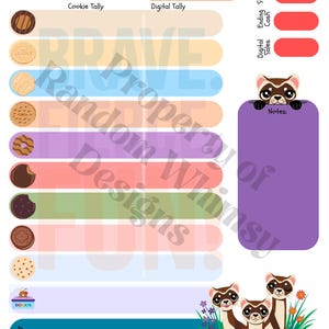 Puede incluir: Un rastreador de ventas de galletas Girl Scout colorido con secciones para recuentos de galletas, ventas digitales y notas. Presenta una ilustración de hurón de dibujos animados y texto como "Cookie Tally" y "Digital Tally".