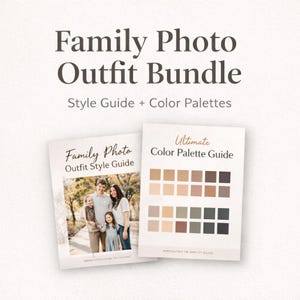 Peut inclure: Un ensemble de guides pour les tenues de photos de famille. Les guides comprennent un guide de style et des palettes de couleurs. La couverture du guide de style présente une famille de quatre personnes. Le guide des palettes de couleurs affiche une variété d'échantillons de couleurs neutres.