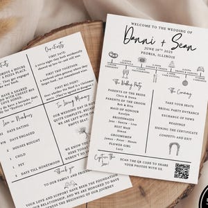 May include: Two white wedding programme cards with black text and graphics. One card details the wedding timeline, party, and ceremony. The other card lists fun facts, firsts, and numbers. A black circular badge indicates a 5.83 by 8.27 inch template size.
