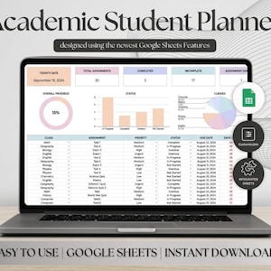 May include: A laptop displaying an academic student planner designed with Google Sheets. The screen shows assignment details, progress charts, and the text "EASY TO USE | GOOGLE SHEETS | INSTANT DOWNLOAD."
