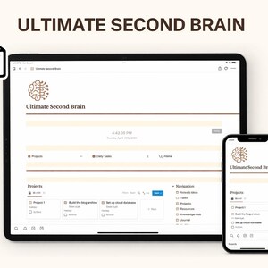 May include: A digital display of the "Ultimate Second Brain" application on a tablet and smartphone. The app interface features a brain-shaped logo and the text "Ultimate Second Brain". The tablet is black, and the smartphone is black and white.