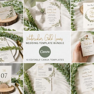 May include: A wedding stationery template bundle featuring watercolor gold leaves. The set includes invitations, menu cards, table numbers, RSVP cards, and thank you notes with editable text. The design displays botanical illustrations in gold and green.