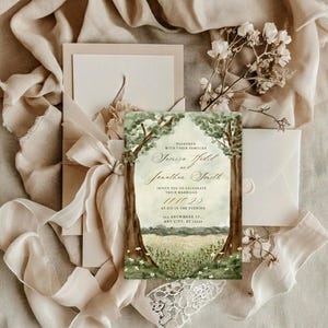 May include: A rectangular wedding invitation card featuring a watercolor illustration of two trees framing a field. The text reads: Together with their families, Samira Hadid and Jonathan Smith, invite you to celebrate their marriage, 11/10/25, at six in the evening, 123 Anywhere St., Any City, 12345.