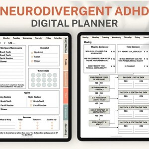 Può includere: Planner digitale per ADHD neurodivergente, visualizzato su due tablet. Il tablet di sinistra mostra una routine quotidiana con liste di controllo e un tracker dell'assunzione di acqua. Il tablet di destra presenta una guida decisionale settimanale.