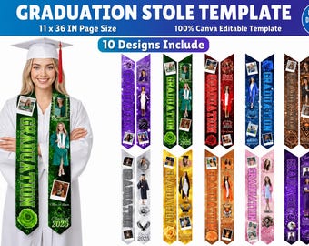 Paquete de 10 plantillas editables para bandas/estolas de graduación / Sublimación de bandas de graduación / Plantillas de diseños de graduación / Felicitaciones de graduación / Senior 2026 /