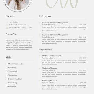 May include: A professional resume template with a photo of a smiling woman. The resume includes sections for contact information, education, experience, skills, language, and references. The text includes the name "Olivia Wilson" and the title "Marketing Manager."