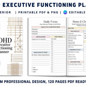 May include: ADHD Executive Functioning Planner with a watercolor design in purple, blue, and gold. The planner includes sections for daily focus, time blocking, and a home and chore log. The text reads "13 Custom Professional Design, 120 Pages PDF Ready to Print."