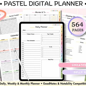 May include: A digital planner with a pastel theme, featuring a calendar, daily planner, and other organizational pages. The planner includes 564 pages and is compatible with GoodNotes and Notability. The text on the image says "PASTEL DIGITAL PLANNER".