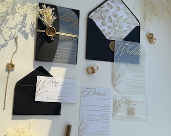 Frosted Acrylic Wedding Invitation Suite : Minimal Calligraphy Style with RSVP, Details Card & Black Envelopes