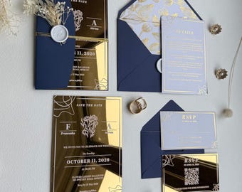 2mm Gold Mirror Acrylic Wedding Invitation Suite : Gold Foil Elegant Design with Navy Blue Envelopes & RSVP Cards