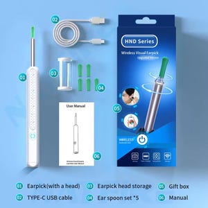 May include: A white and silver wireless visual earpick set with a green tip, USB cable, ear spoon set, and user manual. The set includes a gift box with the text "HND Series Wireless Visual Earpick Upgraded Version".