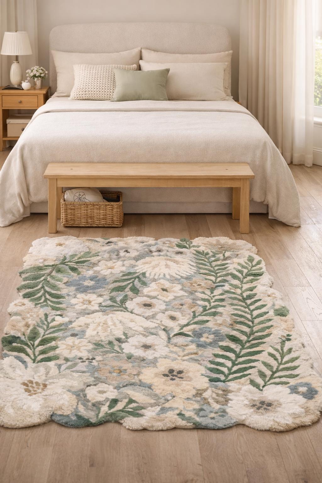 Hand Tufted Wool Floral Rug, Custom Botanical Scalloped Rug - Etsy