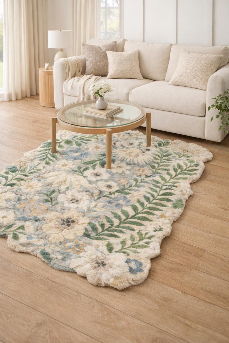 Hand Tufted Wool Floral Rug, Custom Botanical Scalloped Rug - Etsy