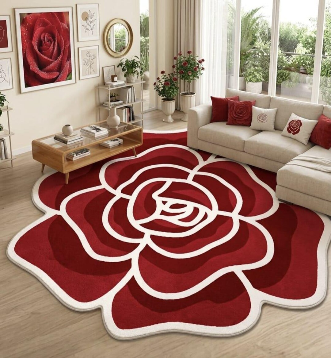 Hand Tufted Rose Rug, Red Floral Area Rug, Flower Shape Carpet, Modern ...