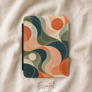 May include: A rectangular electronic reader case featuring a textured surface with an abstract pattern of flowing, curved lines in shades of dark teal, sage green, peach, and burnt orange, accented by solid circles in orange and cream.