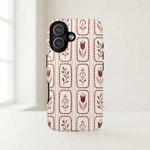 Rust Red Tulip Tile Phone Case, Dual Layer Tough Case for iPhone 17 16 15 Pro Max & Samsung Galaxy S26 S25 S24