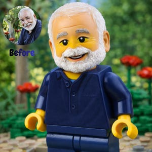 Può includere: Una minifigure Lego personalizzata di un uomo anziano con capelli bianchi e barba bianca, che indossa una camicia blu navy. La minifigure ha le mani gialle e un'espressione sorridente. Un'immagine più piccola dell'uomo è sullo sfondo con la parola "Before".