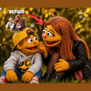 Op de afbeelding: Twee poppen, een met een gele pet en grijze hoodie, de andere met lang rood haar en een zwarte jas, interageren. De afbeelding bevat een kleinere inset-afbeelding met het woord "VOOR". De poppen zitten op gras.