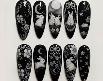 Hand-Painted Midnight Moon Bunny Almond Nails, Gothic Celestial Floral Art