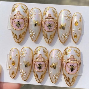 Honeybee Tea Party Press On Nails, Iridescent Pearl Cottagecore Nails