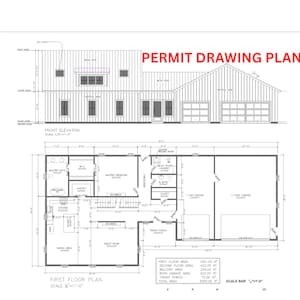 May include: Architectural blueprints with the text "PERMIT DRAWING PLANS" in red. The plans include a front elevation and a first-floor plan, with detailed measurements and room layouts. The scale is 1"=1'-0".