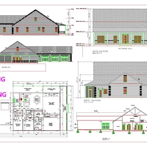 May include: A building permit drawing featuring architectural floor plans and exterior elevations for a residential structure. The document includes a first floor plan, north, south, east, and west elevations, and a cross-section view with dimensions.