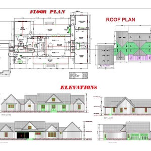 May include: A detailed architectural blueprint featuring a floor plan, roof plan, and four exterior elevations. The document includes technical line drawings, room labels, and dimension markers for a residential building design on a white background.