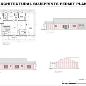 Può includere: Progetti architettonici con planimetria, prospetti anteriori, posteriori e destri. I progetti includono dimensioni e disposizione delle stanze per una struttura residenziale. Il testo in alto recita "ARCHITECTURAL BLUEPRINTS PERMIT PLANS".