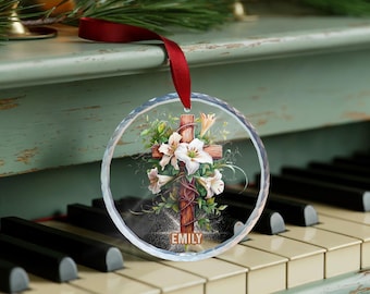 Enfeite de Natal personalizado com lírio e cruz, presente cristão com nome personalizado, lembrança floral da fé.