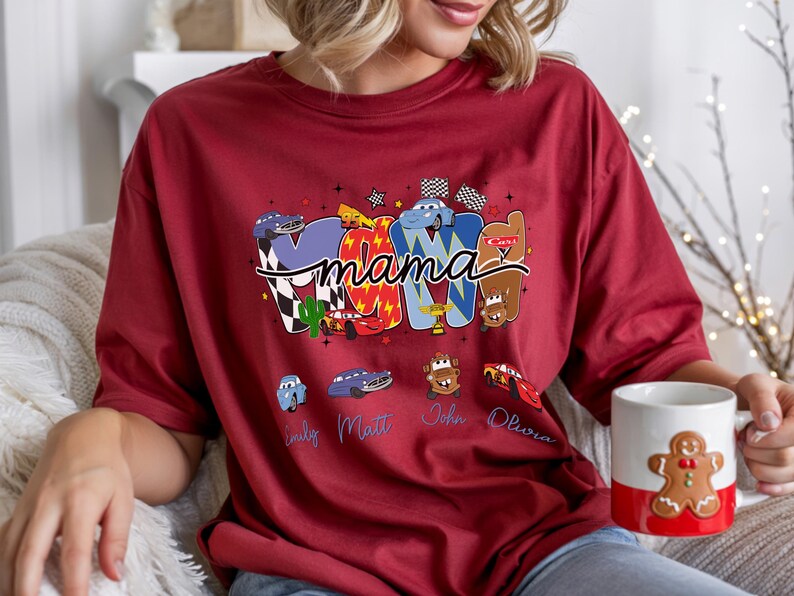 Camiseta Cars Mama personalizada con nombres de mamá e hijos, camiseta Disney Cars Lightning McQueen, regalo Cardinal
