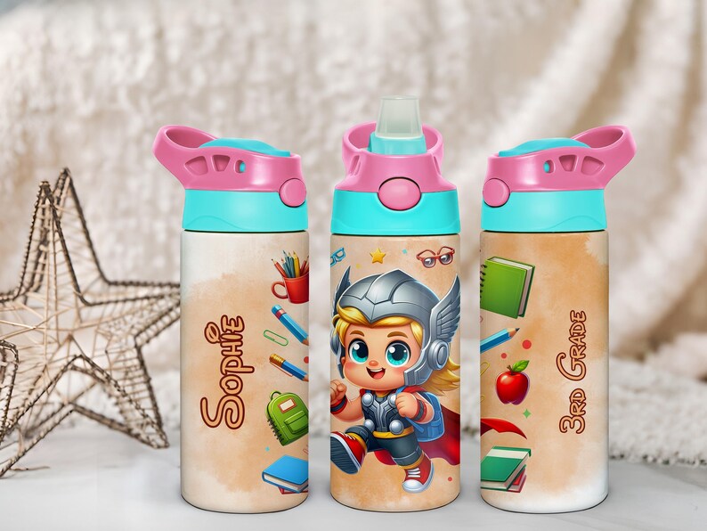 Thor Water Bottle With Custom Name and Grade, 12oz Stainless Flip Top ...