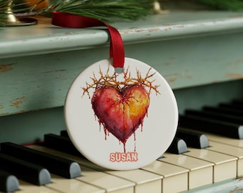 Ornamento Sagrado Coração Personalizado, Presente Católico com Nome Personalizado, Coroa de Espinhos, Lembrança Cristã