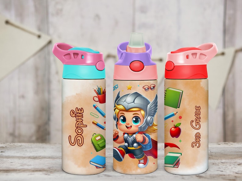 Thor Water Bottle With Custom Name and Grade, 12oz Stainless Flip Top ...