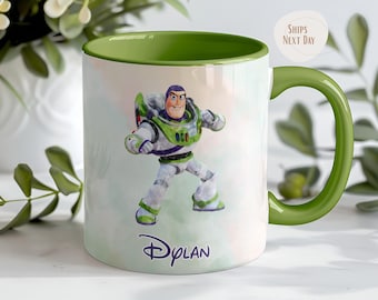 Caneca personalizada com nome e aquarela do Buzz Lightyear | Caneca com detalhes do Buzz de Toy Story | Presente de aniversário para meninos