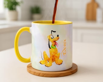 Caneca personalizada com nome e desenho do Pluto em aquarela | Caneca com o cachorro Pluto da Disney | Presente de aniversário para crianças