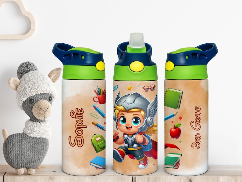 Thor Water Bottle With Custom Name and Grade, 12oz Stainless Flip Top ...
