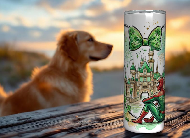 May include: A white tumbler featuring a green bow with shamrocks, a green castle, and a seated Spider-Man. The design has a St. Patrick's Day theme. A golden retriever dog is blurred in the background.