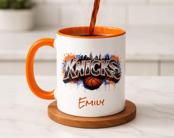Taza de los Knicks personalizada con nombre, taza de café de baloncesto de Nueva York, regalo para aficionados de la NBA