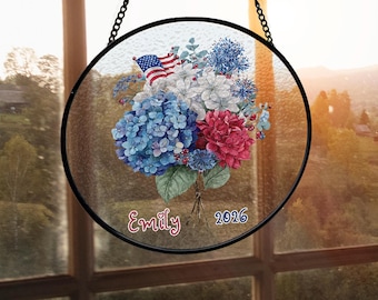 Personalized Patriotic Floral Suncatcher Custom Name Year American Flag 3 6 10 Inch