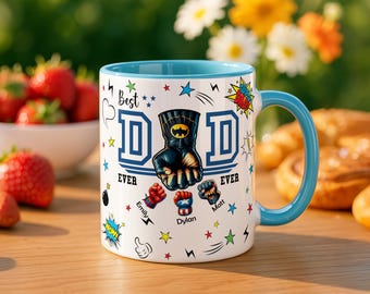 Caneca personalizada com o nome do pai e o punho cerrado de super-herói – Caneca de café com o nome das crianças