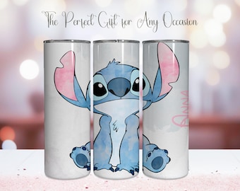 Copo térmico personalizado do Stitch | Lilo em aquarela azul, aço inoxidável, 590ml, com canudo e tampa