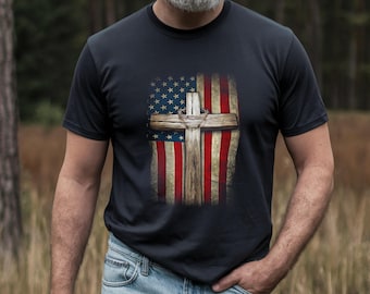 国旗と信仰をテーマにしたTシャツ｜アメリカ産コットンシャツ｜十字架と茨の冠｜愛国的なキリスト教ギフト