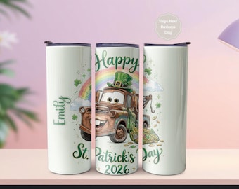 Copo térmico personalizado do filme Carros para o Dia de São Patrício | Presente personalizado com caminhão da sorte | Copo de 590 ml (20 oz) para o dia 17 de março