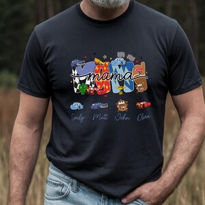 Camiseta Cars Mama personalizada con nombres de mamá e hijos, camiseta Disney Cars Lightning McQueen, regalo Black